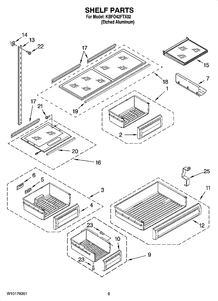 SHELF PARTS Diagram and Parts List for KBFO42FTX02  KitchenAid Refrigerator