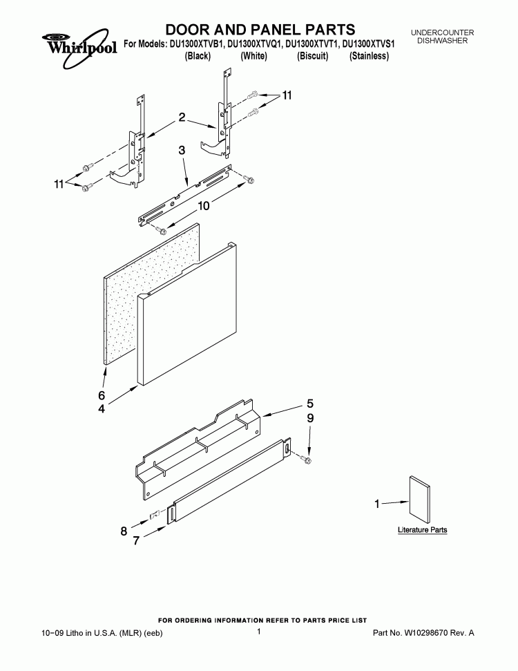 DOOR AND PANEL PARTS Diagram and Parts List for DU1300XTVQ1  Whirlpool Dishwasher