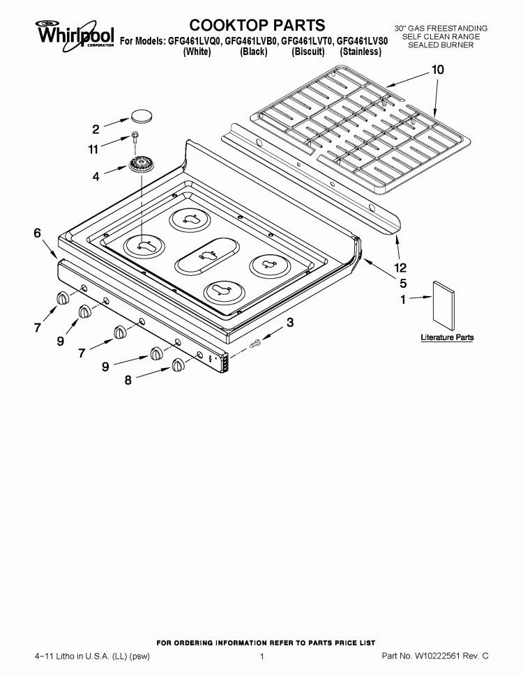 COOKTOP PARTS Diagram and Parts List for GFG461LVT0  Whirlpool Range