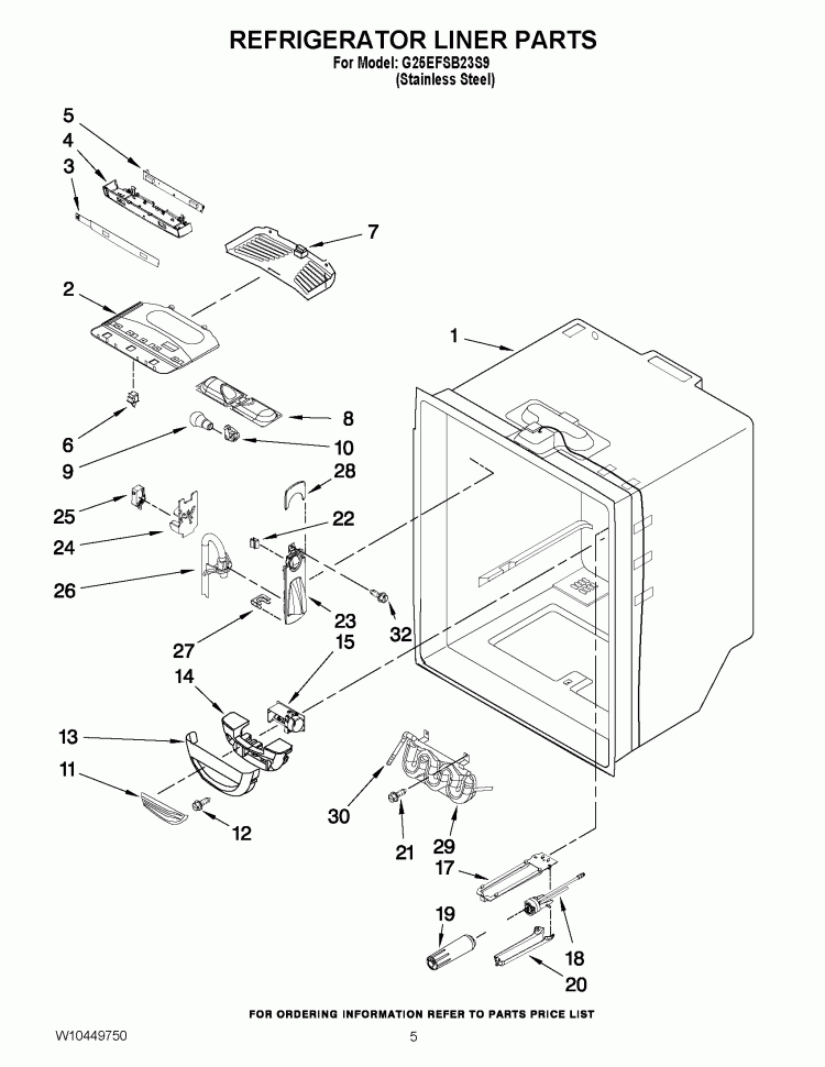REFRIGERATOR LINER PARTS Diagram and Parts List for G25EFSB23S9  Whirlpool Refrigerator