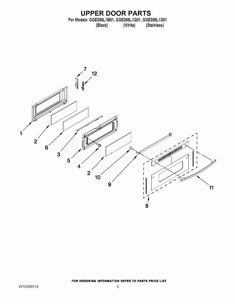 UPPER DOOR PARTS Diagram and Parts List for GGE388LXQ01  Whirlpool Range