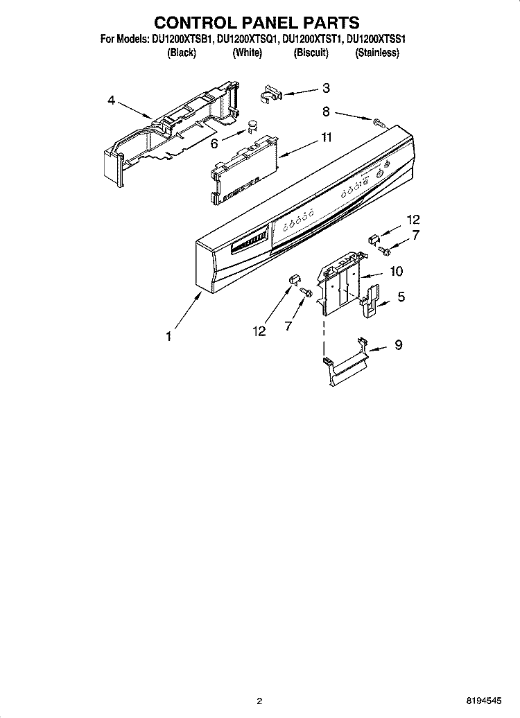 CONTROL PANEL PARTS Diagram and Parts List for DU1200XTSS1  Whirlpool Dishwasher