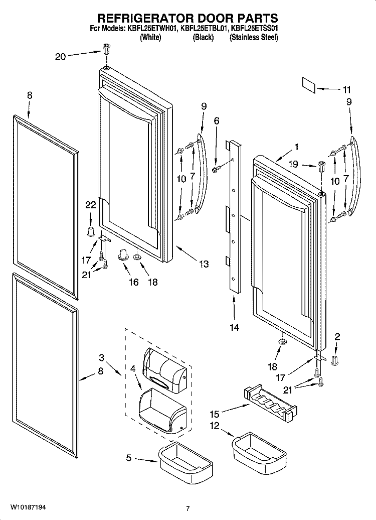 REFRIGERATOR DOOR PARTS Diagram and Parts List for KBFL25ETWH01  KitchenAid Refrigerator