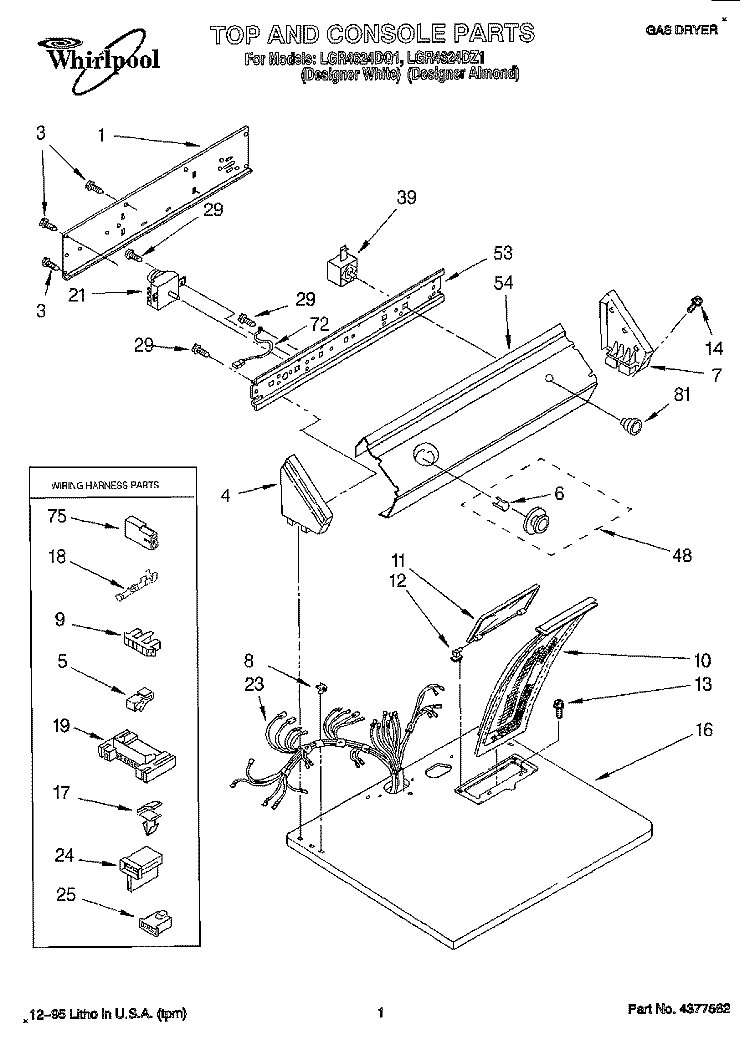 TOP AND CONSOLE, LIT/OPTIONAL Diagram and Parts List for LGR4624DZ1  Whirlpool Dryer