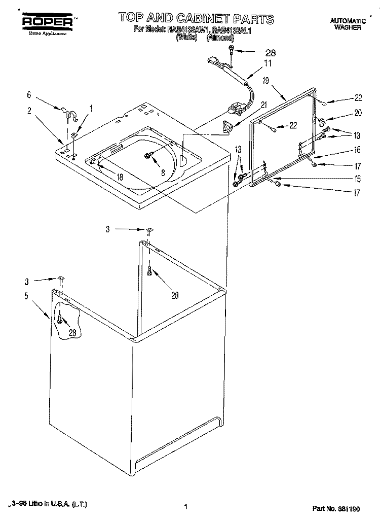 TOP AND CABINET, LIT/OPTIONAL Diagram and Parts List for RAB4132AL1  Roper Washer