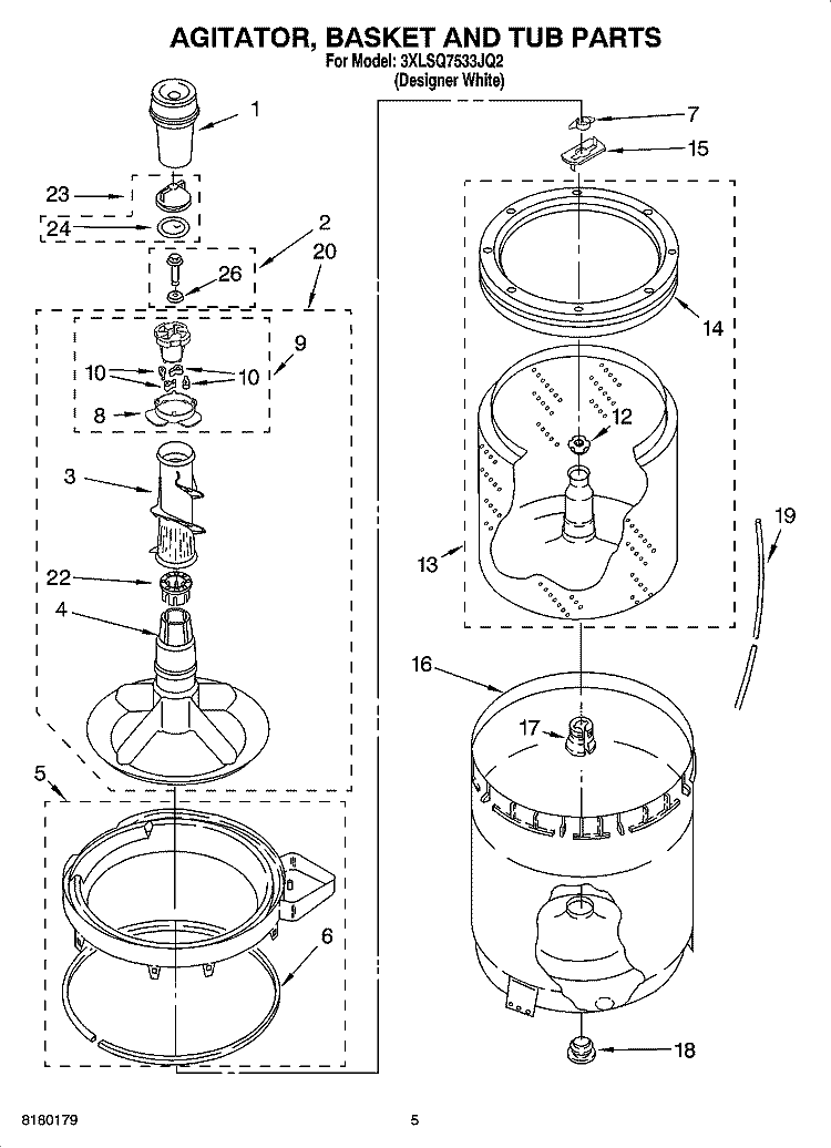 AGITATOR, BASKET AND TUB PARTS Diagram and Parts List for 3XLSQ7533JQ2  Whirlpool Washer