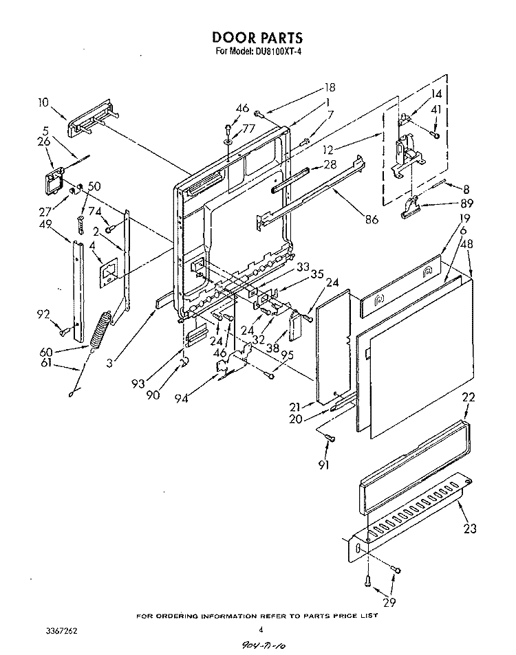 DOOR Diagram and Parts List for DU8100XT4  Whirlpool Dishwasher