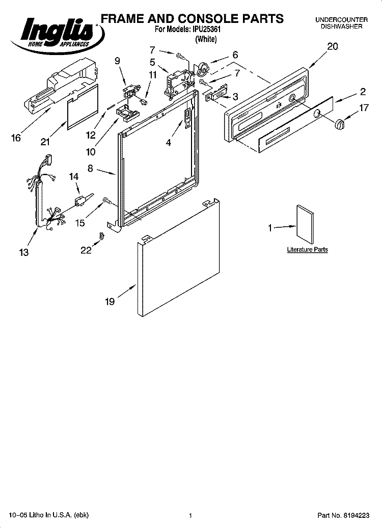 FRAME AND CONSOLE PARTS Diagram and Parts List for IPU25361  Inglis Dishwasher