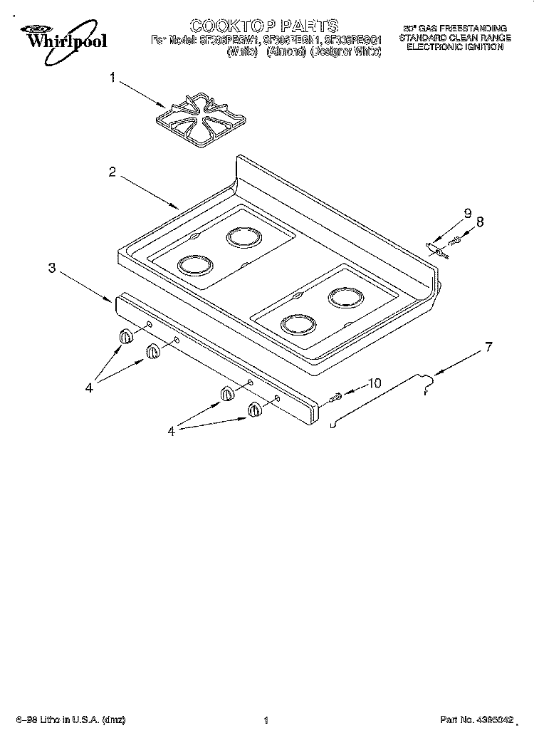 COOKTOP Diagram and Parts List for SF306PEGW1  Whirlpool Range