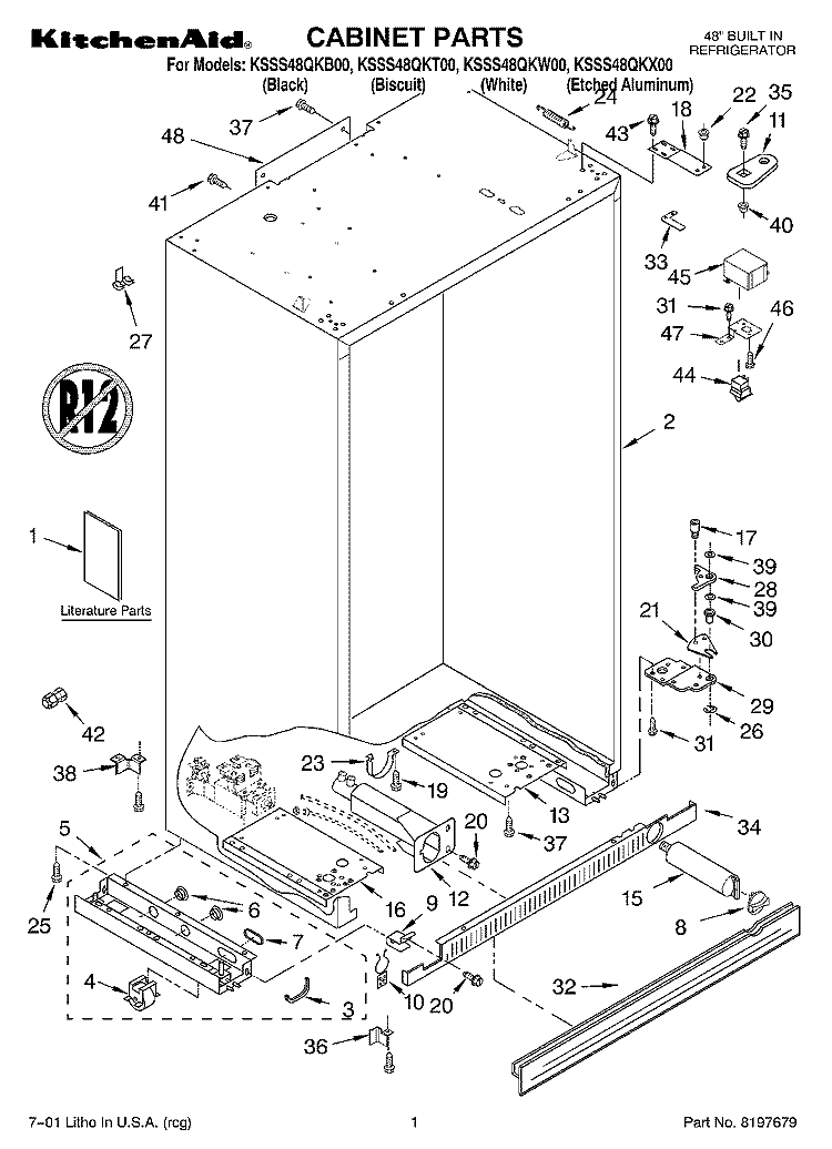 CABINET, LITERATURE Diagram and Parts List for KSSS48QKT00  KitchenAid Refrigerator