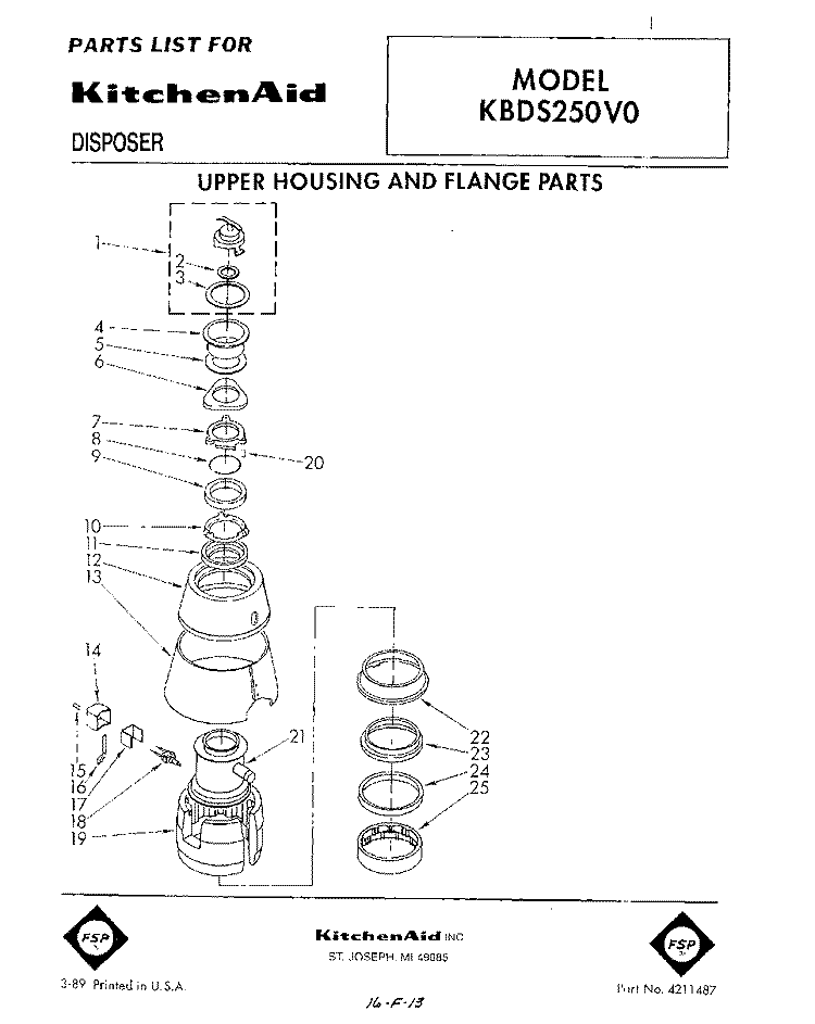 SECTION Diagram and Parts List for KBDS250V0  KitchenAid Food Waste Disposer
