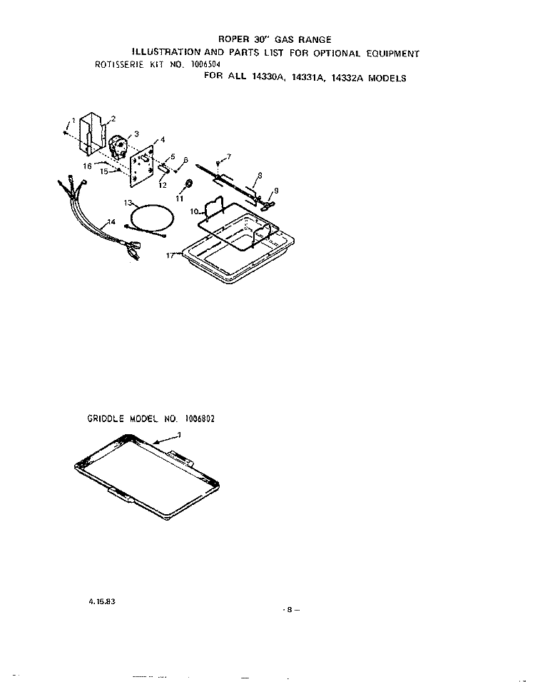 SECTION Diagram and Parts List for 1433W1A  Roper Range