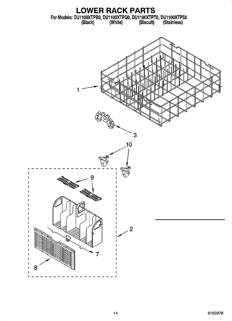LOWER RACK PARTS, OPTIONAL PARTS (NOT INCLUDED) Diagram and Parts List for DU1100XTPB0  Whirlpool Dishwasher