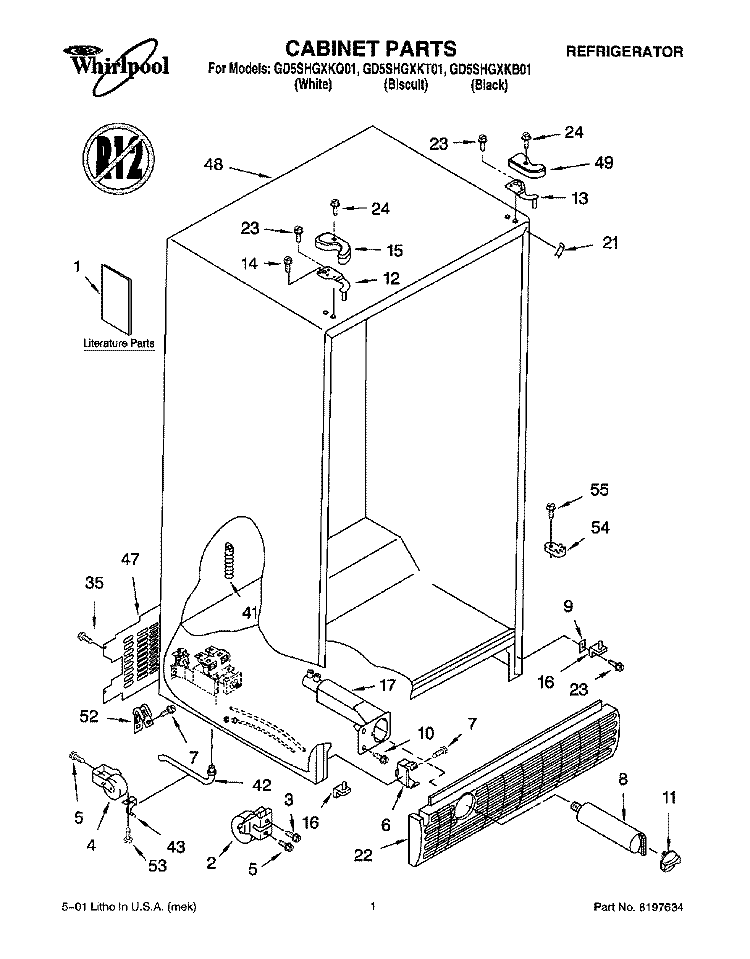 CABINET, LITERATURE Diagram and Parts List for GD5SHGXKQ01  Whirlpool Refrigerator