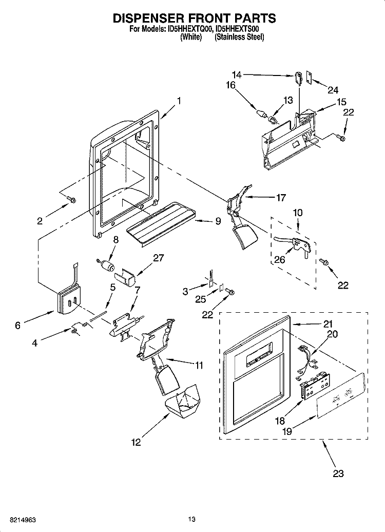 DISPENSER FRONT PARTS Diagram and Parts List for ID5HHEXTQ00  Whirlpool Refrigerator