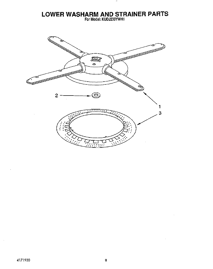 LOWER WASHARM AND STRAINER Diagram and Parts List for KUDJ230YWH1  KitchenAid Dishwasher