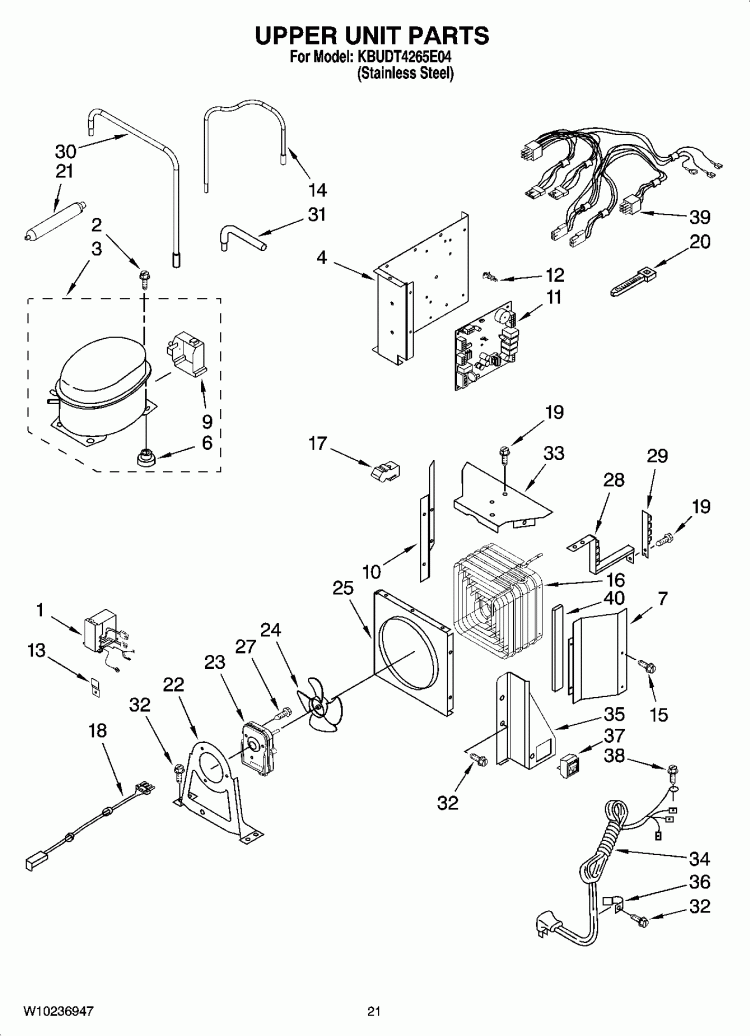 UPPER UNIT PARTS Diagram and Parts List for KBUDT4265E04  KitchenAid Refrigerator