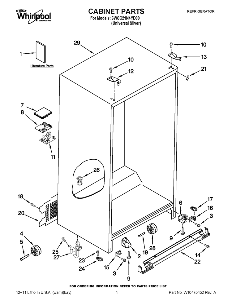 CABINET PARTS Diagram and Parts List for 6WSC21N4YD00  Whirlpool Refrigerator