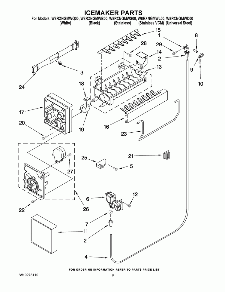 ICEMAKER PARTS Diagram and Parts List for W8RXNGMWL00  Whirlpool Refrigerator