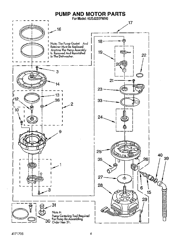 PUMP AND MOTOR Diagram and Parts List for KUDJ230YWH0  KitchenAid Dishwasher
