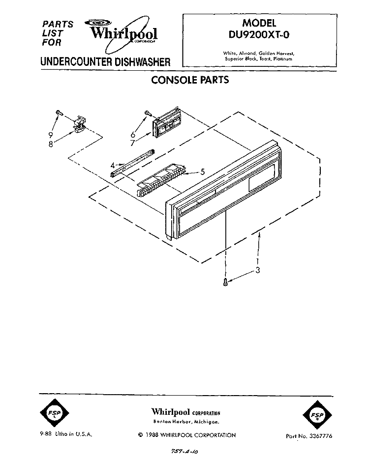 CONSOLE Diagram and Parts List for DU9200XT0  Whirlpool Dishwasher