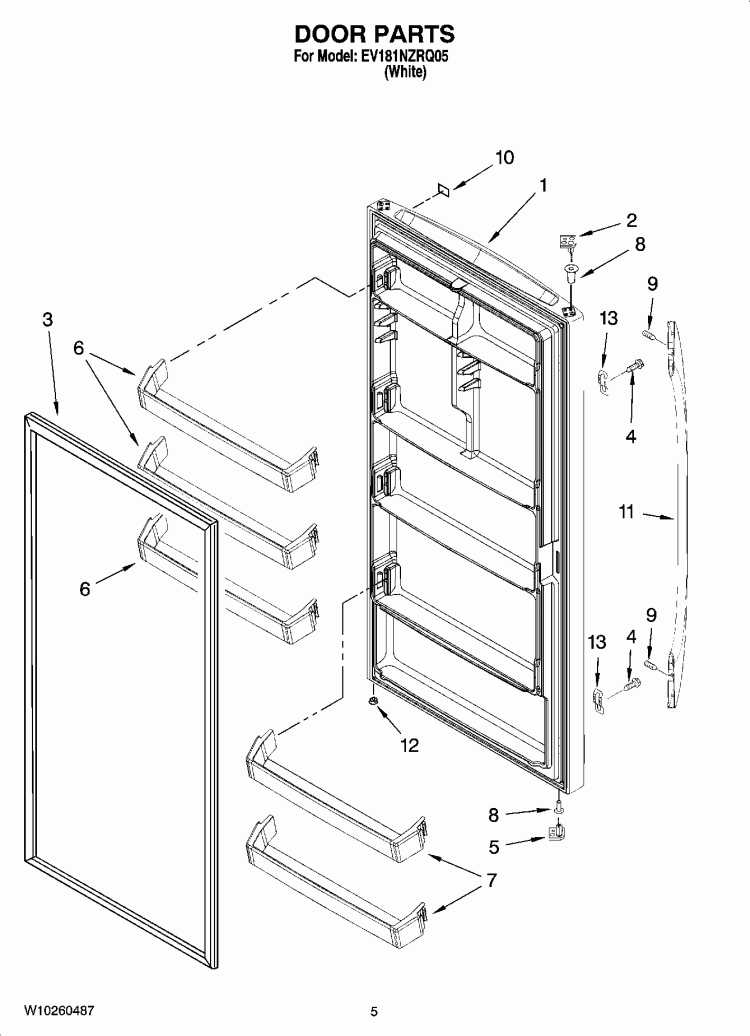 DOOR PARTS Diagram and Parts List for EV181NZRQ05  Whirlpool Freezer
