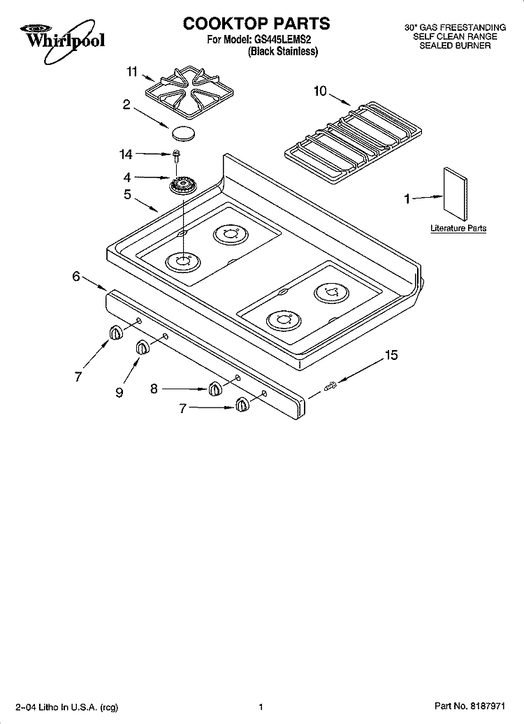 COOKTOP PARTS Diagram and Parts List for GS445LEMS2  Whirlpool Range