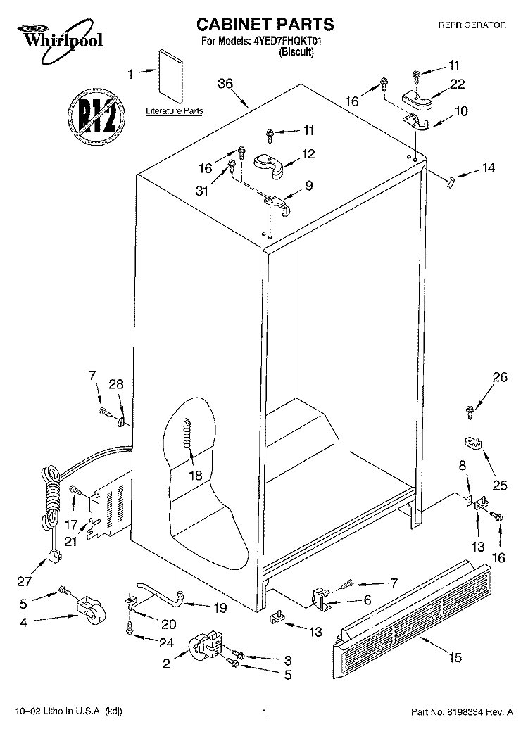 CABINET, LITERATURE Diagram and Parts List for 4YED7FHQKT01  Whirlpool Refrigerator