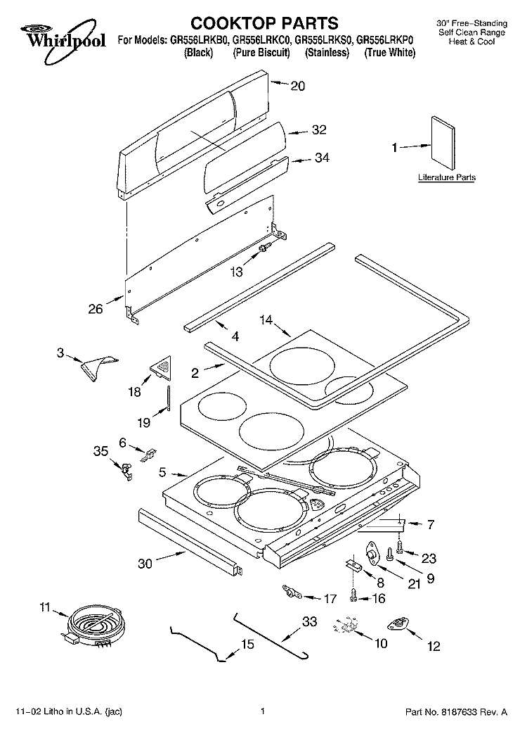 COOKTOP, LITERATURE Diagram and Parts List for GR556LRKT0  Whirlpool Range