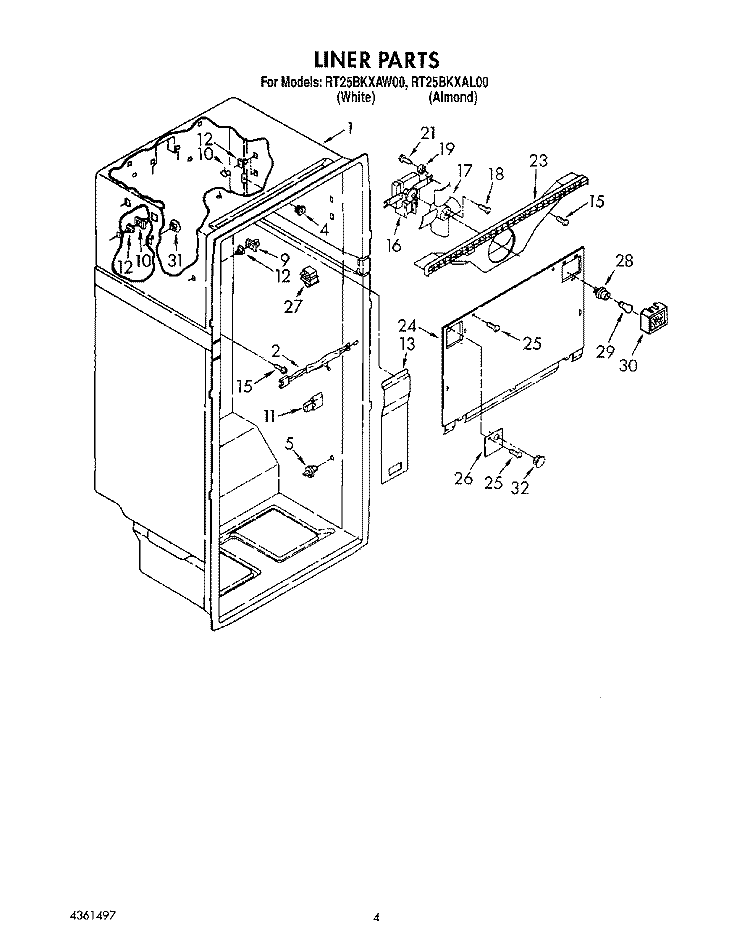 LINER Diagram and Parts List for RT25BKXAW00  Roper Refrigerator