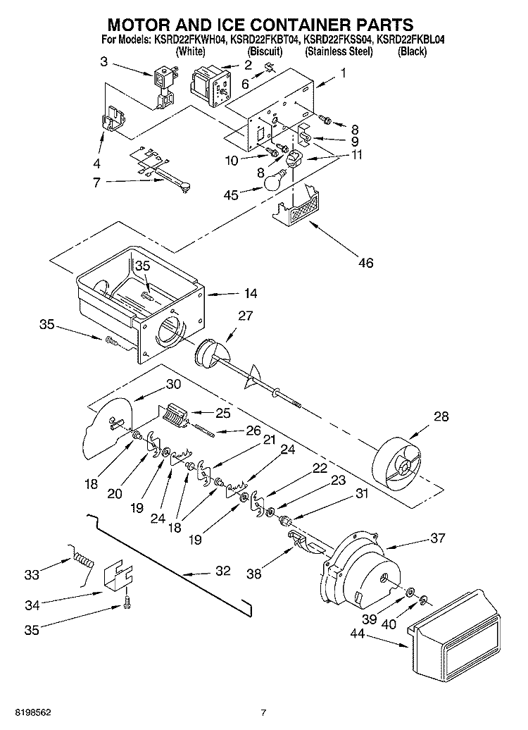 MOTOR AND ICE CONTAINER PARTS Diagram and Parts List for KSRD22FKBL04  KitchenAid Refrigerator