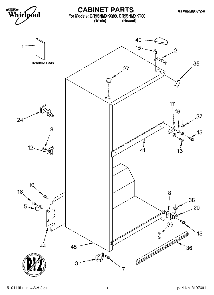 CABINET, LITERATURE Diagram and Parts List for GR9SHMXKT00  Whirlpool Refrigerator
