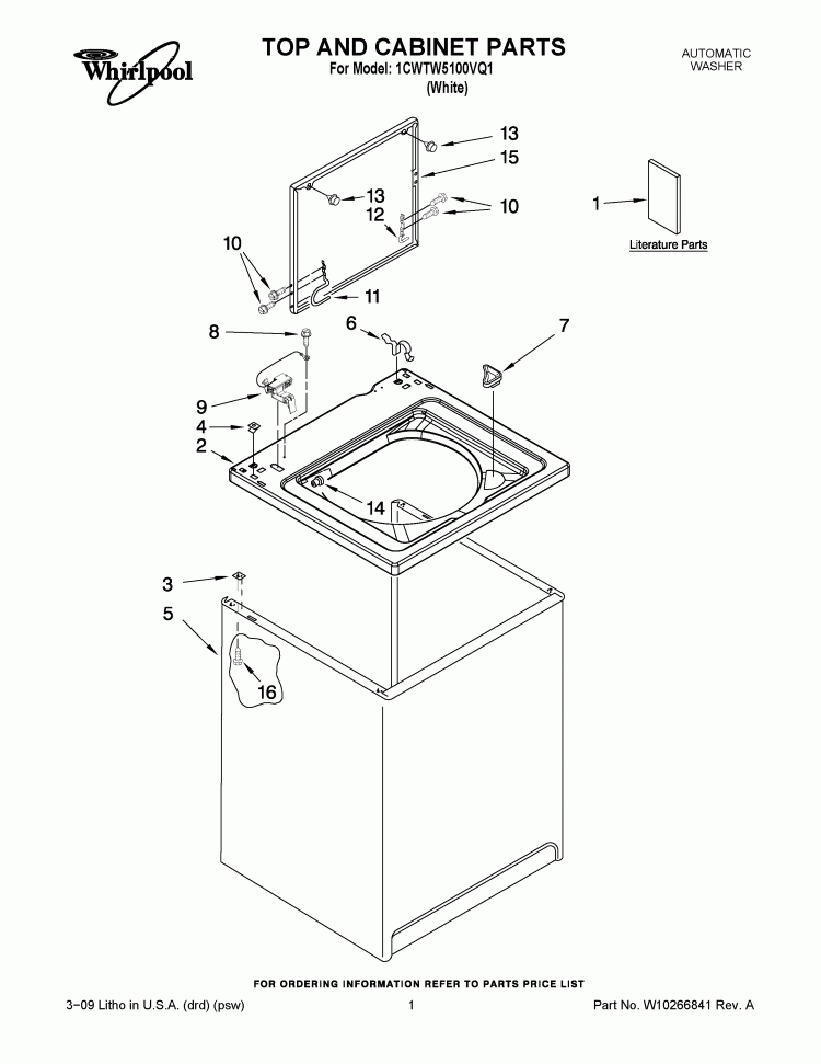 TOP AND CABINET PARTS Diagram and Parts List for 1CWTW5100VQ1  Whirlpool Washer