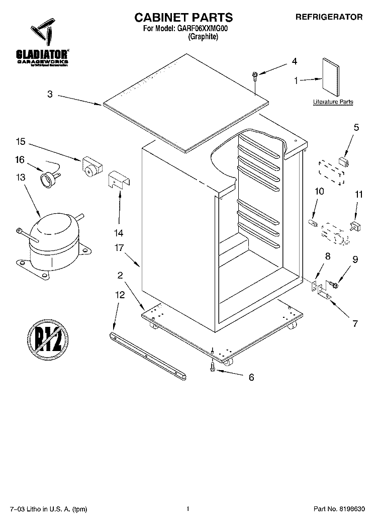 CABINET PARTS Diagram and Parts List for GARF06XXMG00  Whirlpool Refrigerator