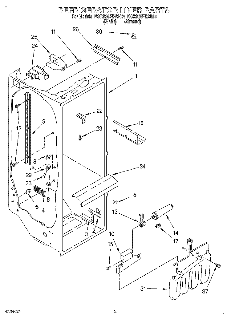 REFRIGERATOR LINER Diagram and Parts List for KSRS25FDWH01  KitchenAid Refrigerator
