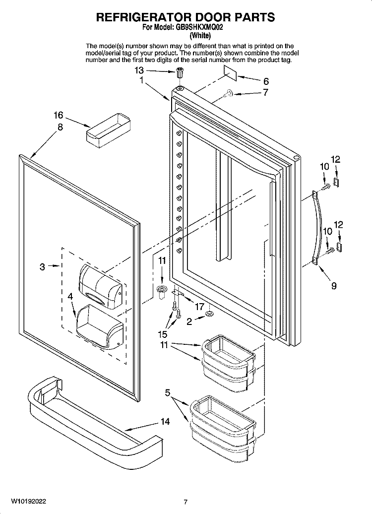 REFRIGERATOR DOOR PARTS Diagram and Parts List for GB9SHKXMQ02  Whirlpool Refrigerator