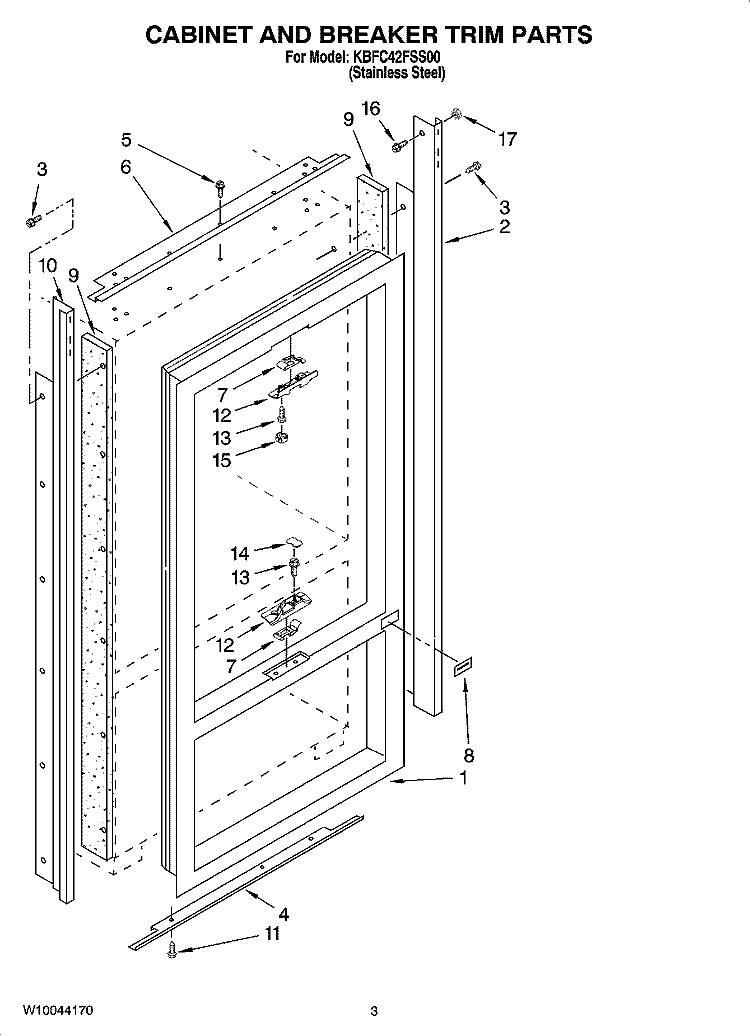 CABINET AND BREAKER TRIM PARTS Diagram and Parts List for KBFC42FSS00  KitchenAid Refrigerator