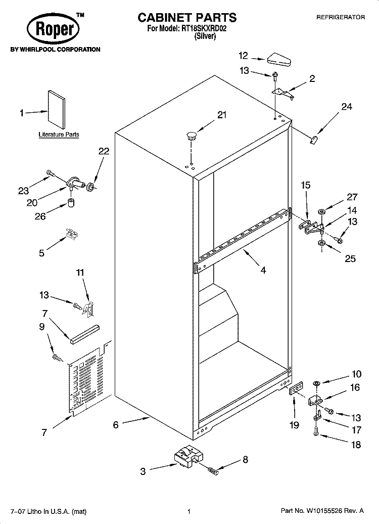 CABINET PARTS Diagram and Parts List for RT18SKXRD02  Roper Refrigerator