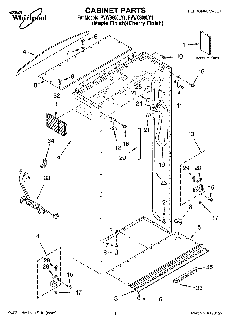 CABINET PARTS Diagram and Parts List for PVWC600LY1  Whirlpool Cabinet