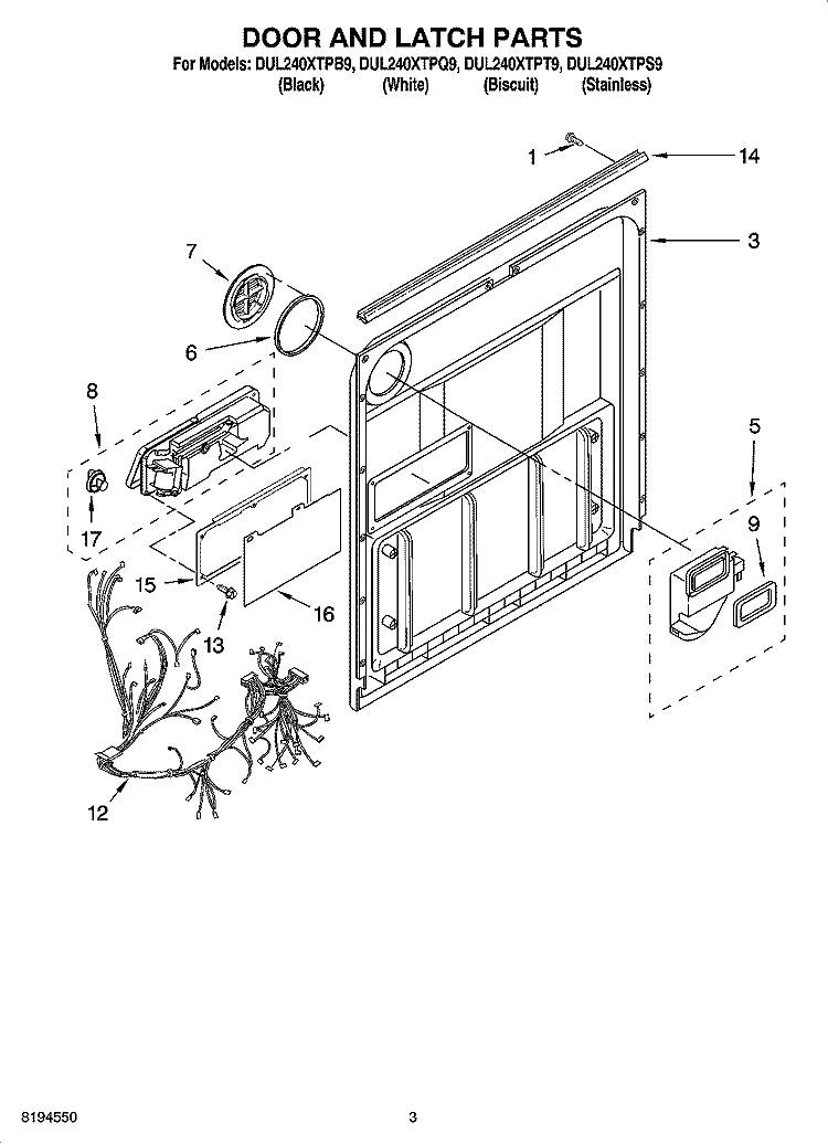 DOOR AND LATCH PARTS Diagram and Parts List for DUL240XTPS9  Whirlpool Dishwasher