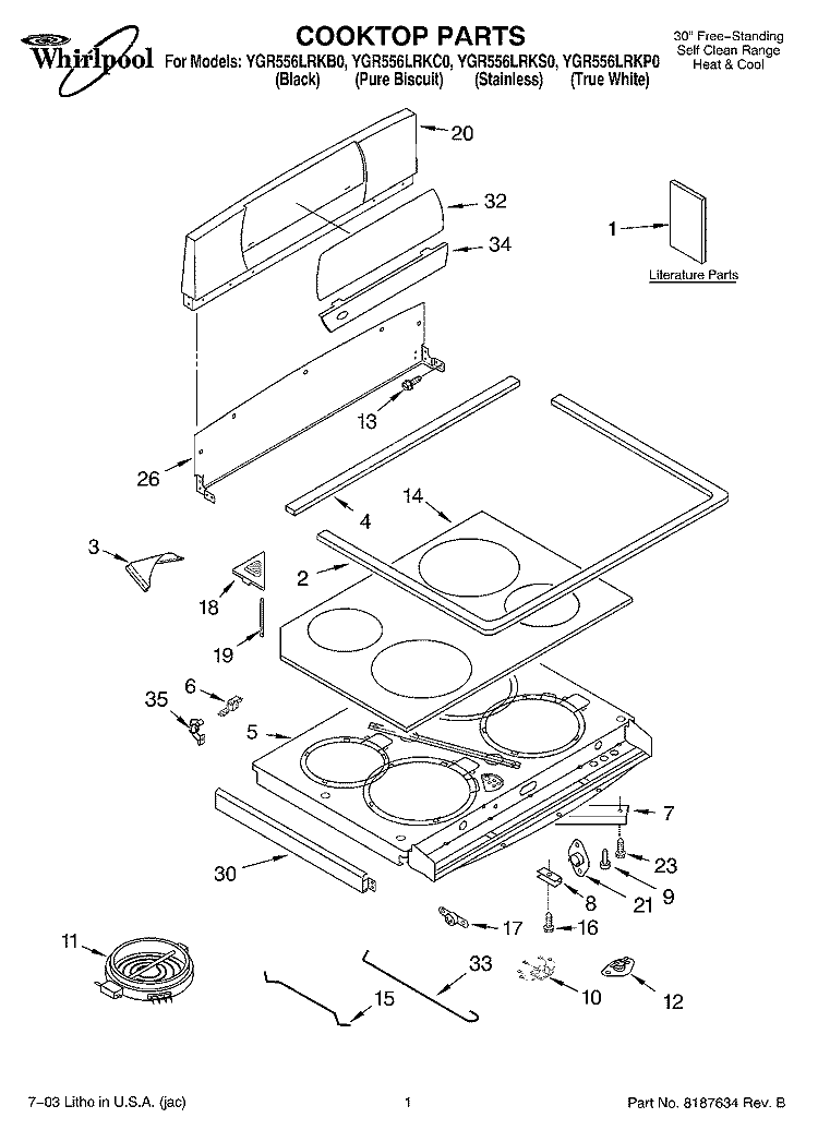 COOKTOP PARTS Diagram and Parts List for YGR556LRKC0  Whirlpool Range