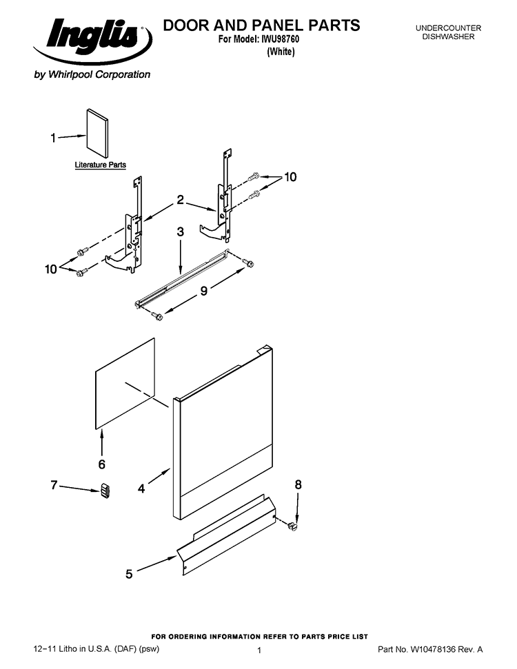 DOOR AND PANEL PARTS Diagram and Parts List for IWU98760  Inglis Dishwasher