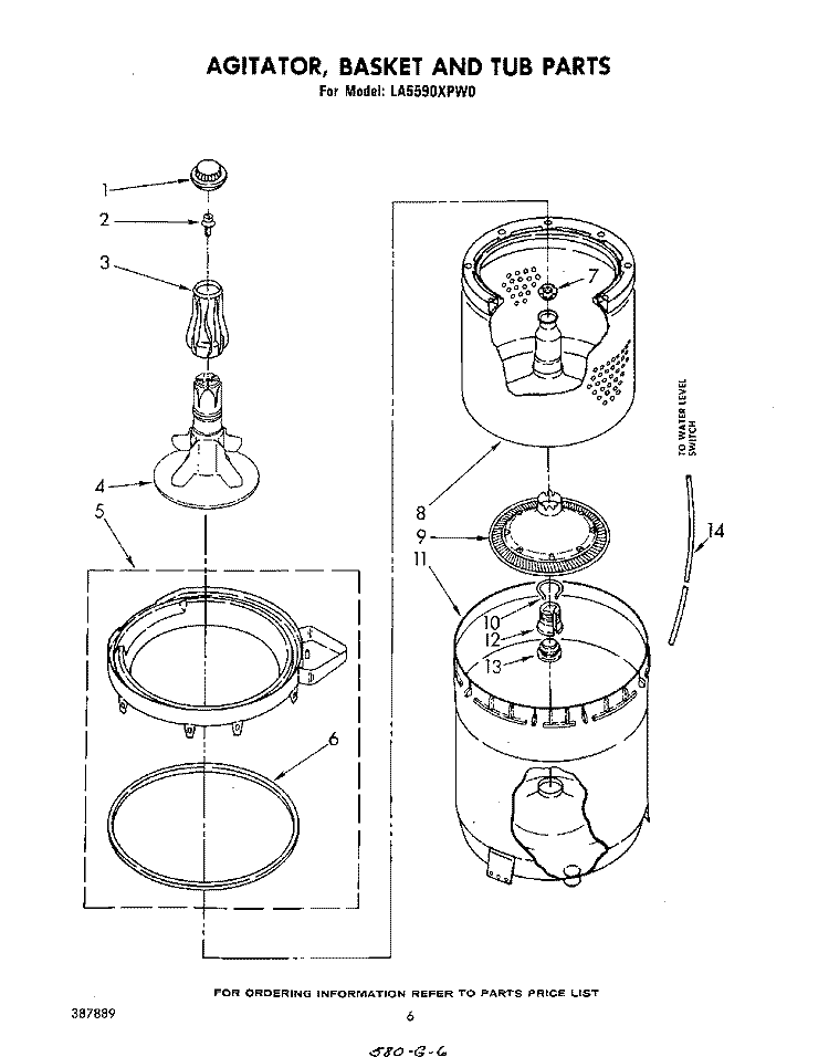 AGITATOR, BASKET AND TUB Diagram and Parts List for LA5590XPW0  Whirlpool Washer