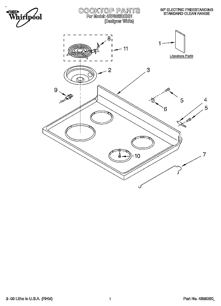 COOKTOP, LITERATURE Diagram and Parts List for 4RF302BXGQ1  Whirlpool Range
