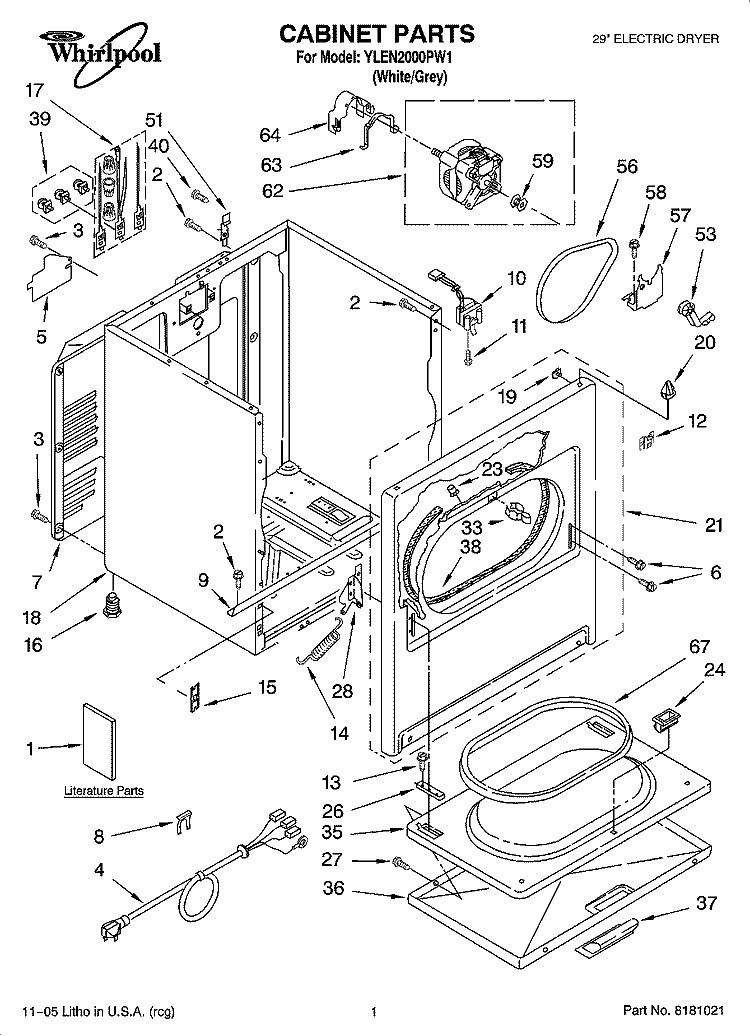 CABINET PARTS Diagram and Parts List for YLEN2000PW1  Whirlpool Dryer