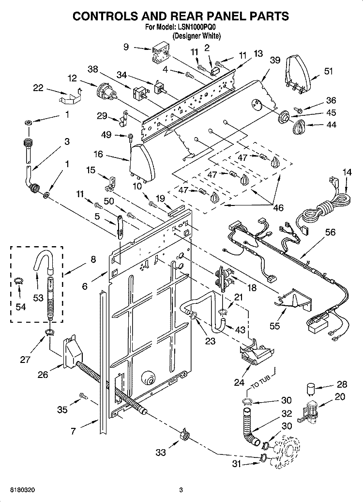 CONTROLS AND REAR PANEL PARTS Diagram and Parts List for LSN1000PQ0  Whirlpool Washer