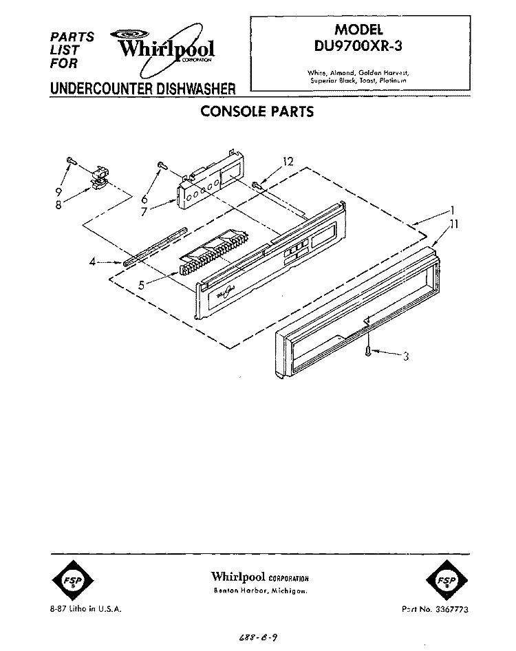 CONSOLE Diagram and Parts List for DU9700XR3  Whirlpool Dishwasher