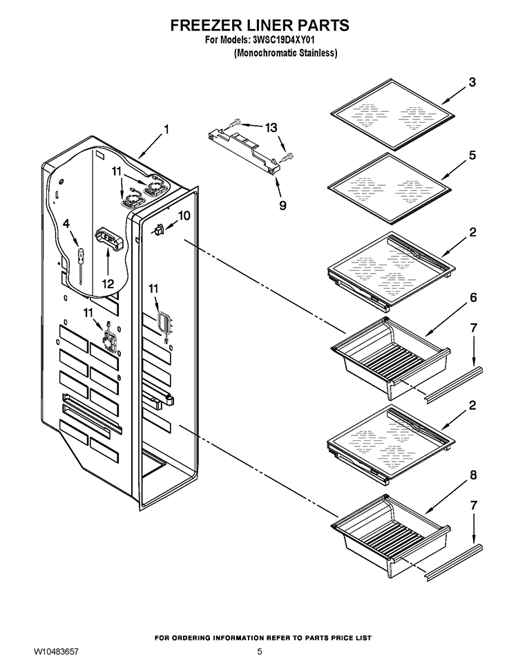 FREEZER LINER PARTS Diagram and Parts List for 3WSC19D4XY01  Whirlpool Refrigerator