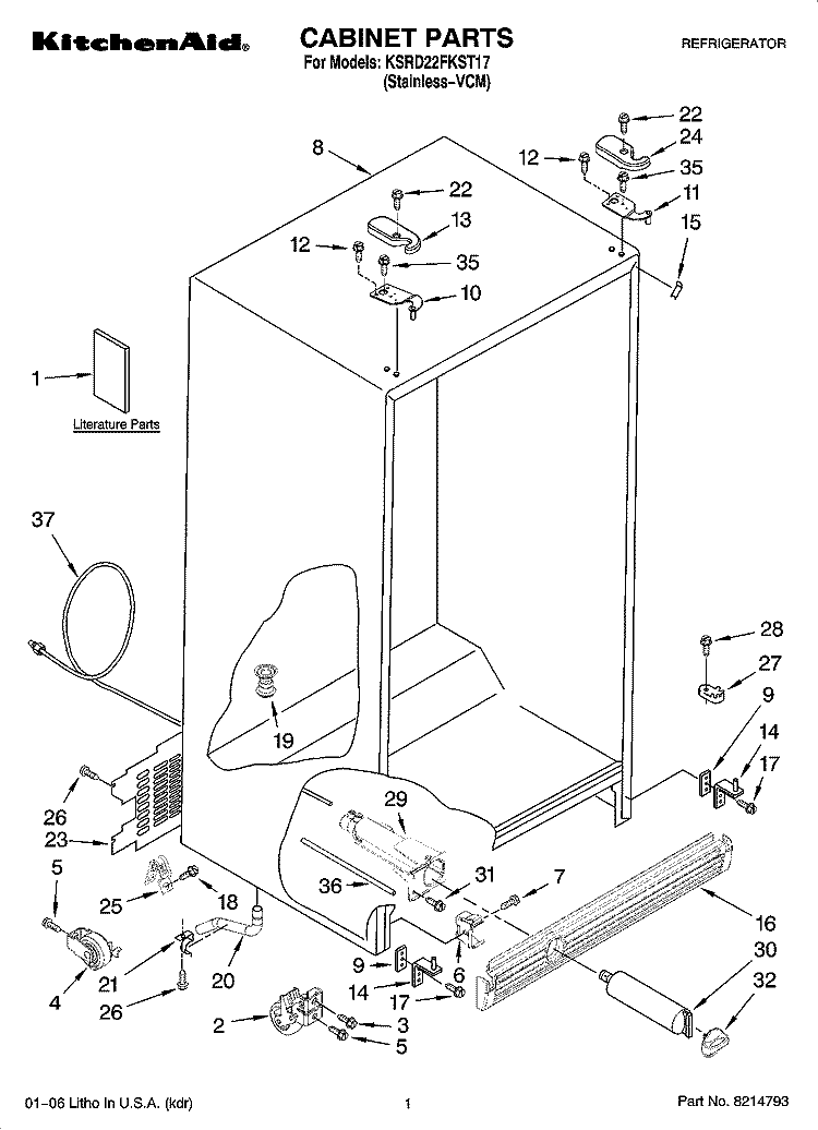 CABINET PARTS Diagram and Parts List for KSRD22FKST17  KitchenAid Refrigerator