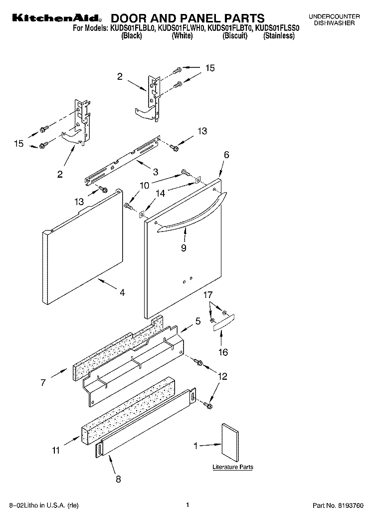 DOOR AND PANEL, LITERATURE Diagram and Parts List for KUDS01FLBS0  Whirlpool Dishwasher